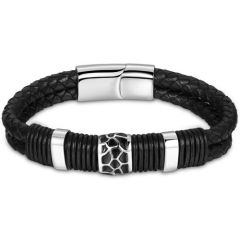**COI Titanium Black Silver Genuine Leather Bracelet With Steel Clasp(Length: 8.66 inches)-9667BB