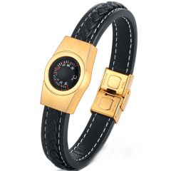 **COI Titanium Black/Gold Tone/Silver Thermometer Genuine Leather Bracelet With Steel Clasp(Length: 8.27 inches)-9668BB