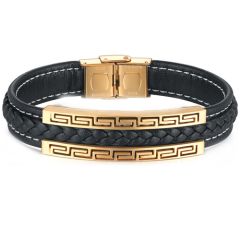 **COI Titanium Black/Gold Tone/Silver Greek Key Pattern Genuine Leather Bracelet With Steel Clasp(Length: 8.27 inches)-9670BB