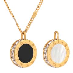 **COI Gold Tone Titanium Black & White Abalone Shell Pendant With Cubic Zirconia & Roman Numerals-9699BB