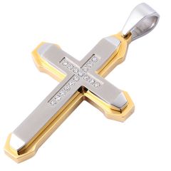 **COI Titanium Gold Tone Silver Cross Pendant With Cubic Zirconia-9751BB