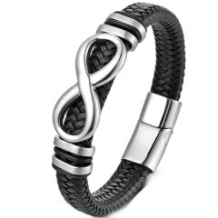 **COI Titanium Black/Gold Tone/Silver Infinity Black Genuine Leather Bracelet With Steel Clasp(Length: 9.06 inches)-9774BB