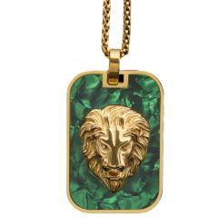 **COI Titanium Gold Tone/Silver Green Malachite Lion Pendant-9780BB