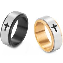 **COI Titanium Black/Gold Tone Silver Cross Step Edges Ring-9789BB