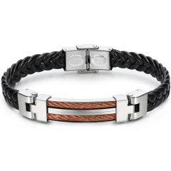 **COI Titanium Silver Black/Gold Tone/Rose Wire Black Genuine Leather Bracelet With Steel Clasp(Length: 8.27 inches)-9793BB