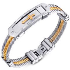 **COI Titanium Gold Tone Silver Wire Cross Bracelet With Steel Clasp(Length: 7.87 inches)-9794BB