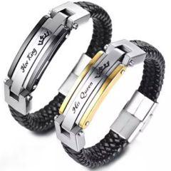 **COI Titanium Black/Gold Tone Silver King Queen Crown Black Genuine Leather Bracelet With Steel Clasp(Length: 8.27 inches)-9796BB