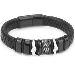 **COI Titanium Black Silver Black Genuine Leather Bracelet With Steel Clasp(Length: 8.66 inches)-9797BB