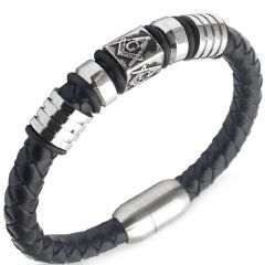 **COI Titanium Masonic Freemason Black Genuine Leather Bracelet With Steel Clasp(Length: 8.27 inches)-9798BB