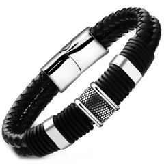 **COI Titanium Black Silver Black Genuine Leather Bracelet With Steel Clasp(Length: 8.66 inches)-9799BB