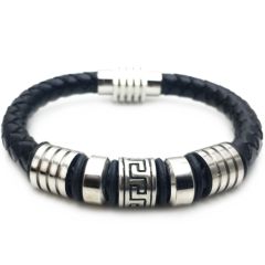 **COI Titanium Greek Key Pattern Black Genuine Leather Bracelet With Steel Clasp(Length: 8.66 inches)-9800BB