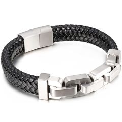 **COI Titanium Black/Gold Tone Black Genuine Leather Bracelet With Steel Clasp(Length: 8.46 inches)-9916BB