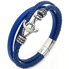 **COI Titanium Anchor Black/Blue Genuine Leather Bracelet With Steel Clasp(Length: 8.27 inches)-9922BB