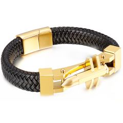 **COI Titanium Gold Tone/Silver Cross Black Genuine Leather Bracelet With Steel Clasp(Length: 8.27 inches)-9923BB