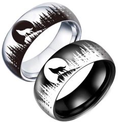 **COI Titanium Black/Silver Wolf Forest Tree Moon Dome Court Ring-9945BB