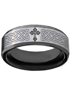 COI Titanium Black Silver Celtic Cross Beveled Edges Ring - 2745