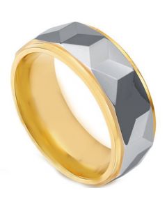 COI Titanium Gold Tone Silver Faceted Step Edges Ring - JT2676AA