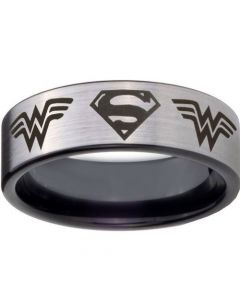 **COI Titanium Black Silver Super Man & Wonder Women Ring - 4449