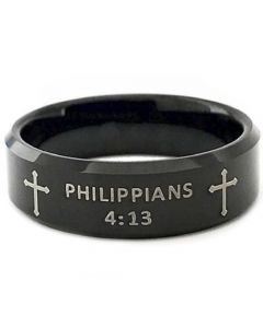 COI Black Titanium Cross Beveled Edges Ring With Custom Scripture- 5418