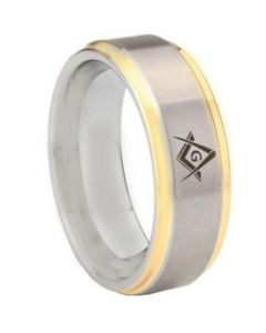 *COI Titanium Gold Tone Silver Masonic Step Edges Ring-5442