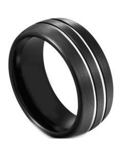 COI Titanium Black Silver Double Grooves Dome Court Ring-5590