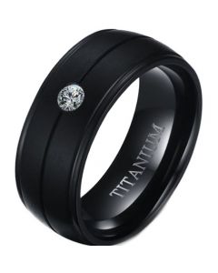 COI Black Titanium Center Groove Step Edges Ring With Cubic Zirconia-5648