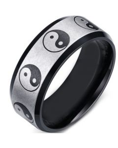 COI Titanium Black Silver Yin Yang Beveled Edges Ring-5650