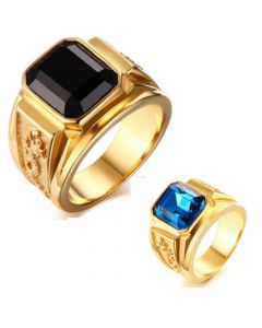COI Gold Tone Titanium Ring With Black Agate/Created Blue Sapphire-5707