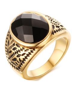 COI Titanium Black Gold Tone Ring With Black Agate-5764