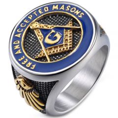 *COI Titanium Black Gold Tone Blue Masonic Freemason Ring-5998