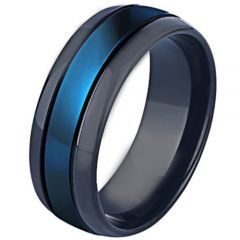 *COI Titanium Black Blue Double Grooves Dome Court Ring-6907AA