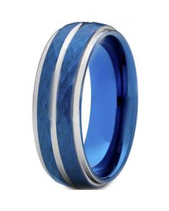 *COI Titanium Blue Silver Hammered Sandblasted Center Groove Ring-6909AA