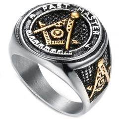 **COI Titanium Gold Tone Black Masonic Freemason Ring-6984AA