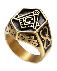 **COI Titanium Gold Tone Black Masonic Freemason Ring-6985AA