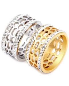 **COI Titanium Gold Tone/Silver Honeycomb Ring With Cubic Zirconia-7041BB
