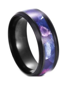 **COI Black Titanium Beveled Edges Ring With Abalone Shell-7069BB