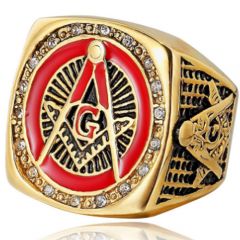 **COI Titanium Black Gold Tone Red Masonic Freemason Ring With Cubic Zirconia-7086