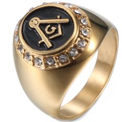 **COI Titanium Black Gold Tone Masonic Freemason Ring With Cubic Zirconia-7112