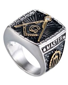 **COI Titanium Black Gold Tone Silver Masonic Freemason Ring-7116