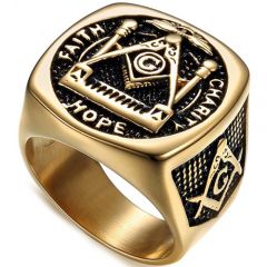 **COI Titanium Black Gold Tone Masonic Freemason Ring-7139
