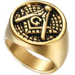 **COI Titanium Black Gold Tone Masonic Freemason Ring-7141BB