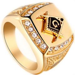 **COI Titanium Gold Tone Black Masonic Freemason Ring With Cubic Zirconia-7151AA
