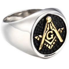 **COI Titanium Black Gold Tone Silver Masonic Freemason Ring-7199AA