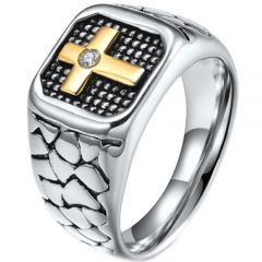 **COI Titanium Gold Tone Silver/Black Cross Ring With Cubic Zirconia-7268AA