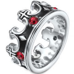 **COI Titanium Black Silver Crown Ring With Created Red Ruby-7368BB