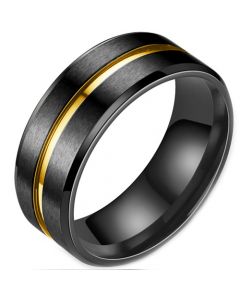 **COI Titanium Black Gold Tone Center Groove Beveled Edges Ring-7371BB