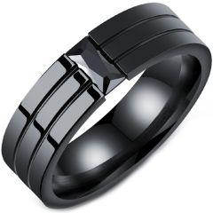 **COI Black Titanium Solitaire Grooves Ring With Cubic Zirconia-7435BB
