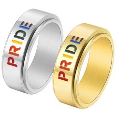 **COI Titanium Black/Gold Tone/Silver Rainbow Pride Step Edges Ring-7643BB
