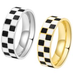 **COI Titanium Gold Tone/Silver Black White Checkered Flag Ring-7644BB
