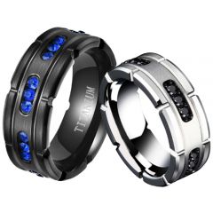 **COI Titanium Black/Silver Ring With Created Blue Sapphire/Black Cubic Zirconia-7741BB